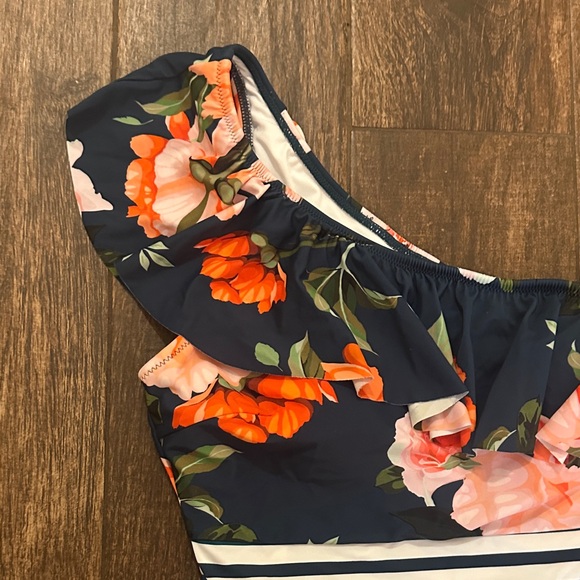 Floral & Stripe One Piece Swimsuit Large Dark Teal Ruffle Shoulder - Picture 2 of 7